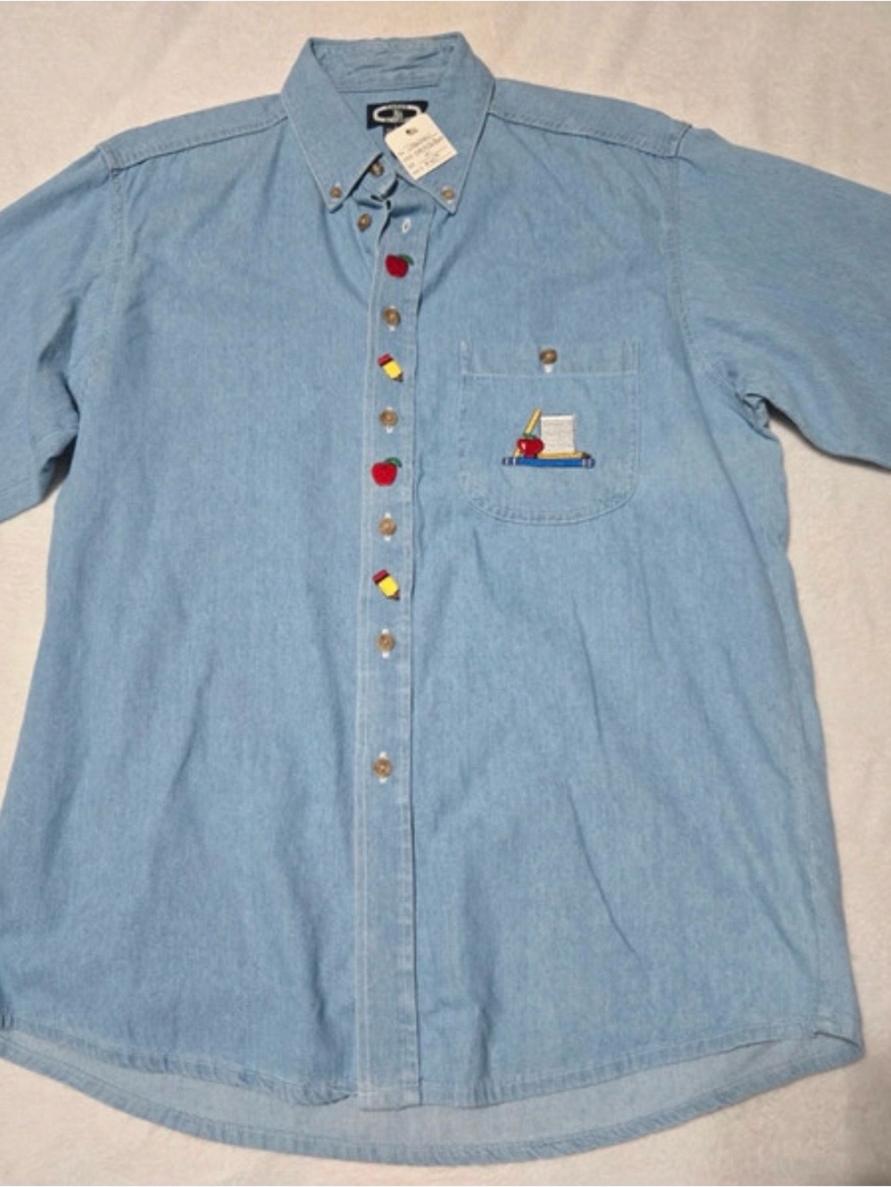 Teacher Theme Light Blue Denim Button-Down Shirt School Embroidery